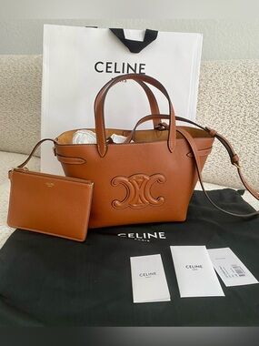 Celine Mini Cabas Anais Triomphe Tan Leather Crossbody Tote Bag & Pouch NWT